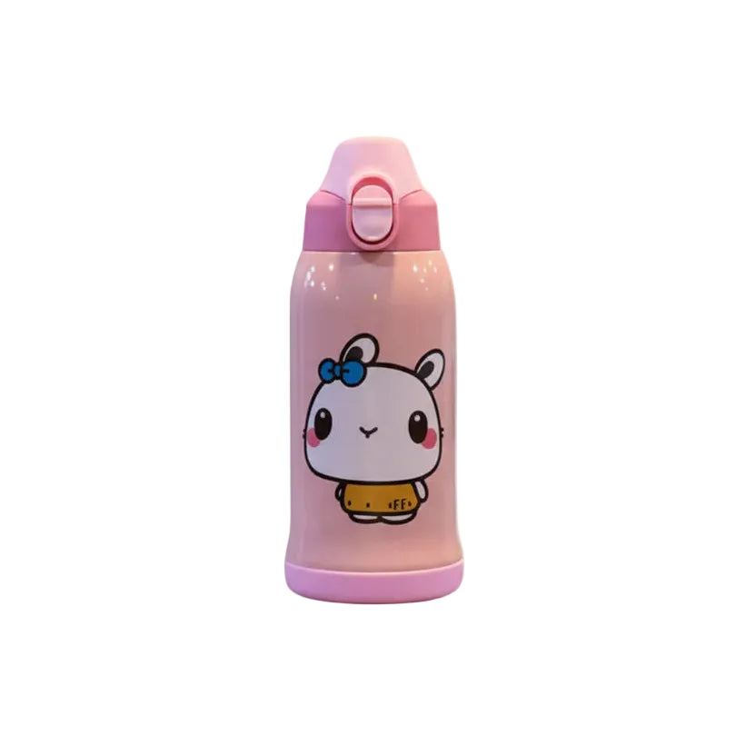 Vacuum flask with cartoon design and packaging on a white background