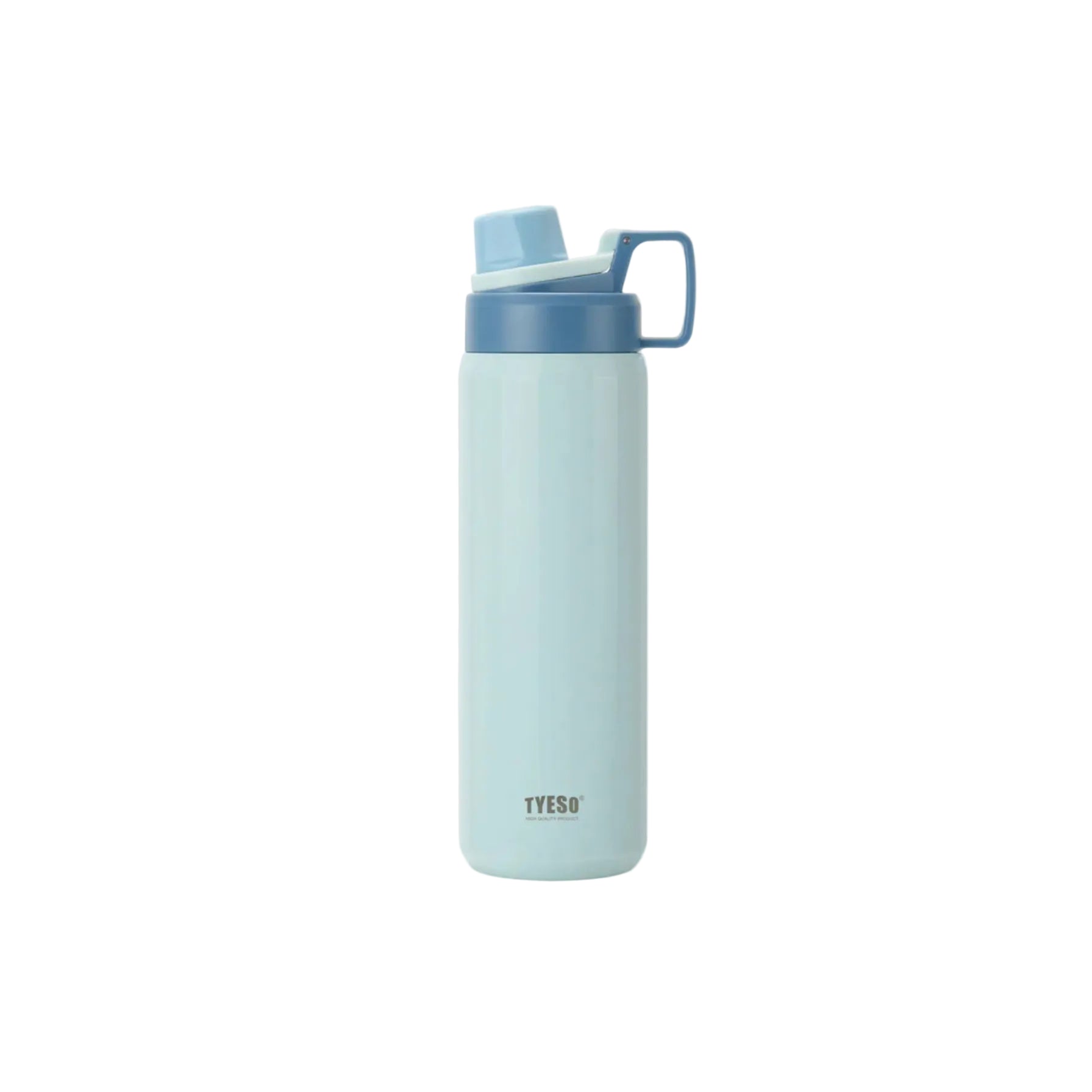 Light blue water bottle with a blue lid on a white background