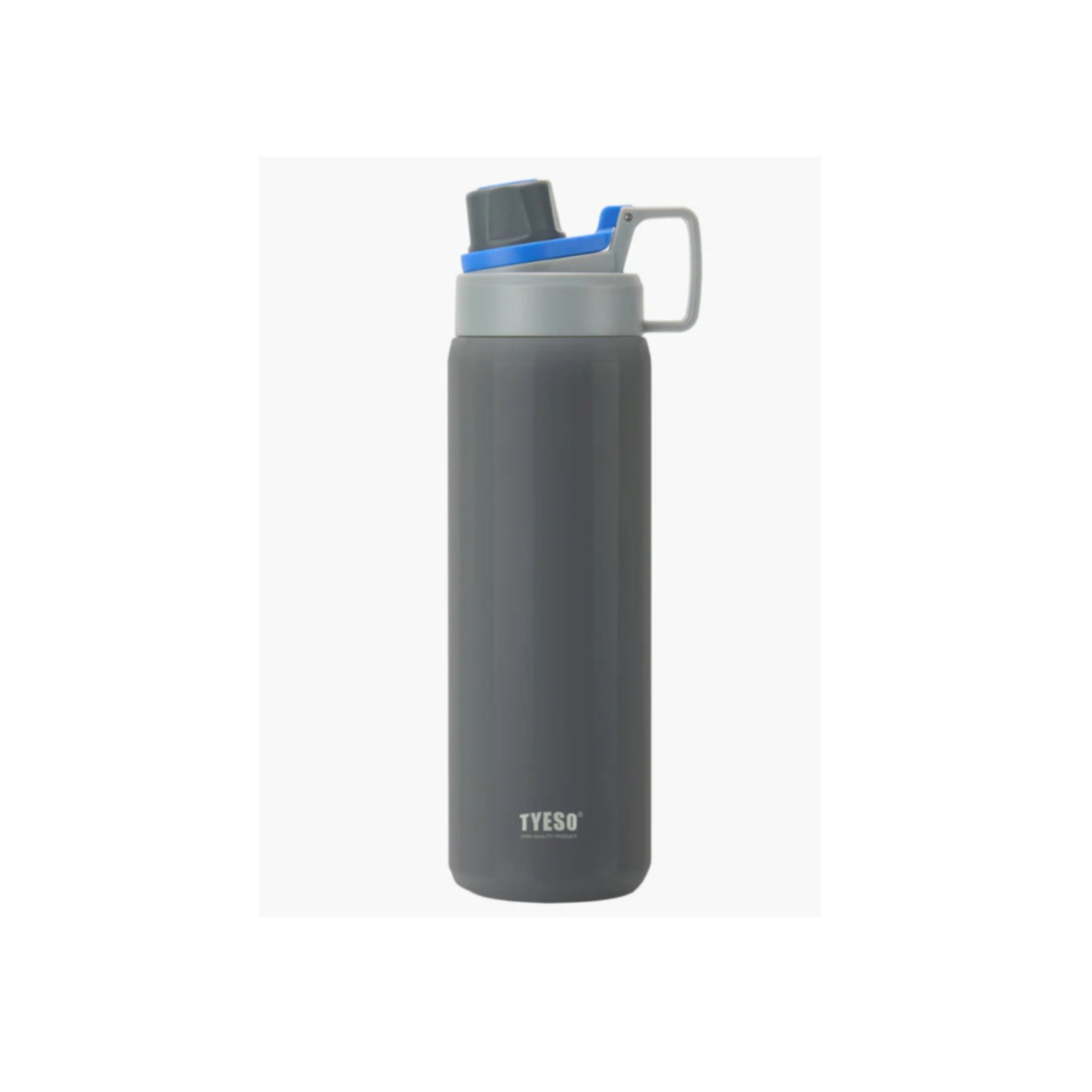Gray water bottle with a blue cap on a white background