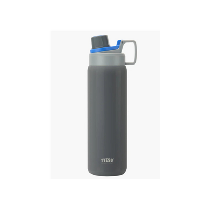 Gray water bottle with a blue cap on a white background