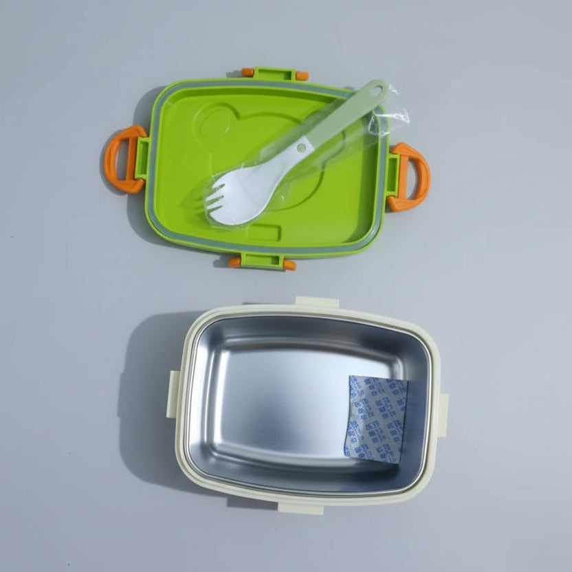 Children's plastic fork and spoon set on a green lid with a pink object in the background.