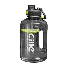 Gray water bottle with green cap on a white background