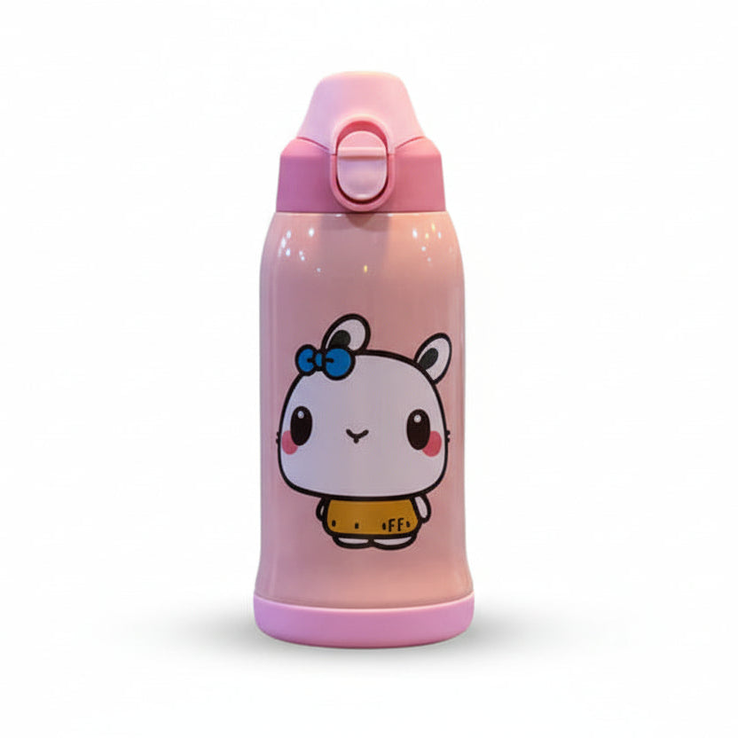 Vacuum flask with cartoon design and packaging on a white background