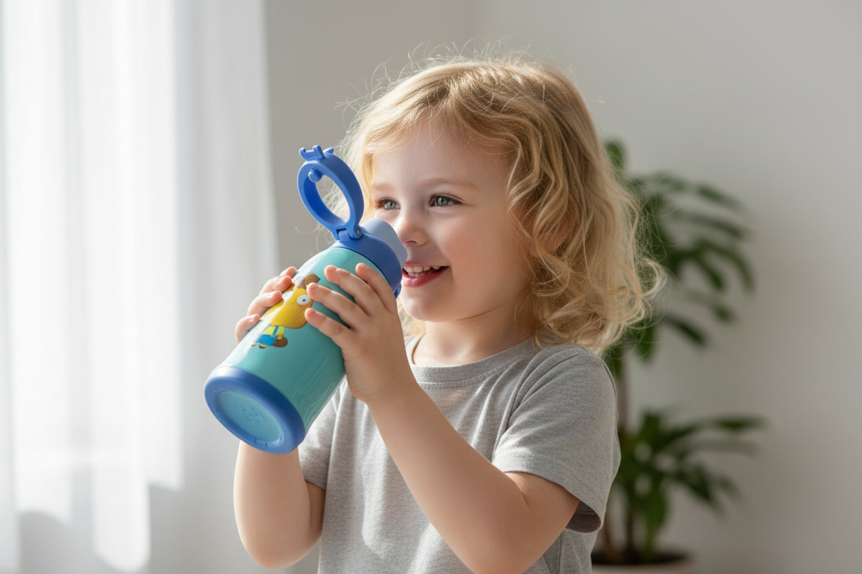 Blue vacuum flask with cartoon character design