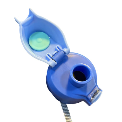 Blue and green dental tool with a retractable cord on a white background